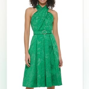 NWT Eliza J Size 6 Green Criss Cross Neck Belted Jacquard Dress!